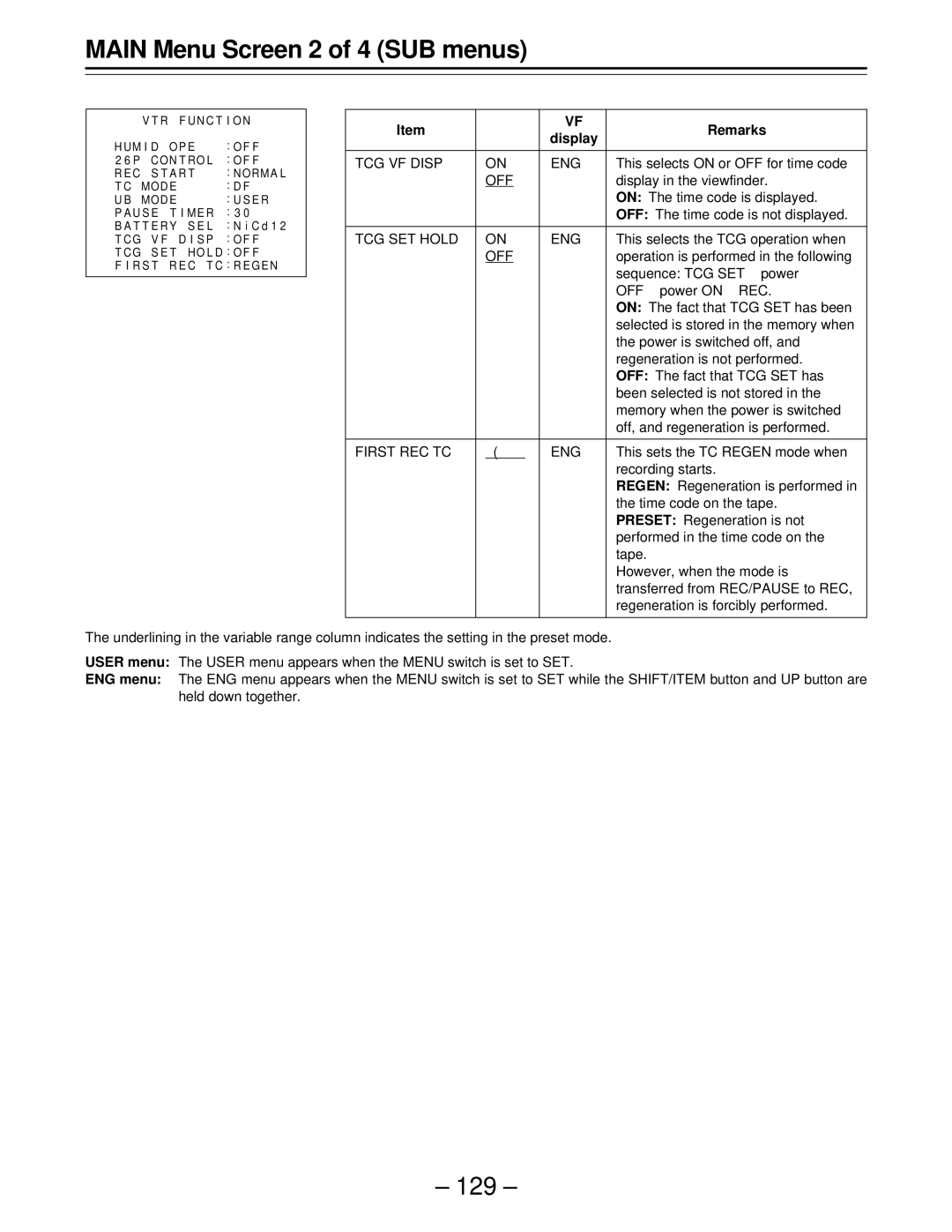 Panasonic AJ-D610WBp operating instructions TCG VF Disp ENG, TCG SET Hold ENG, First REC TC Regen ENG 