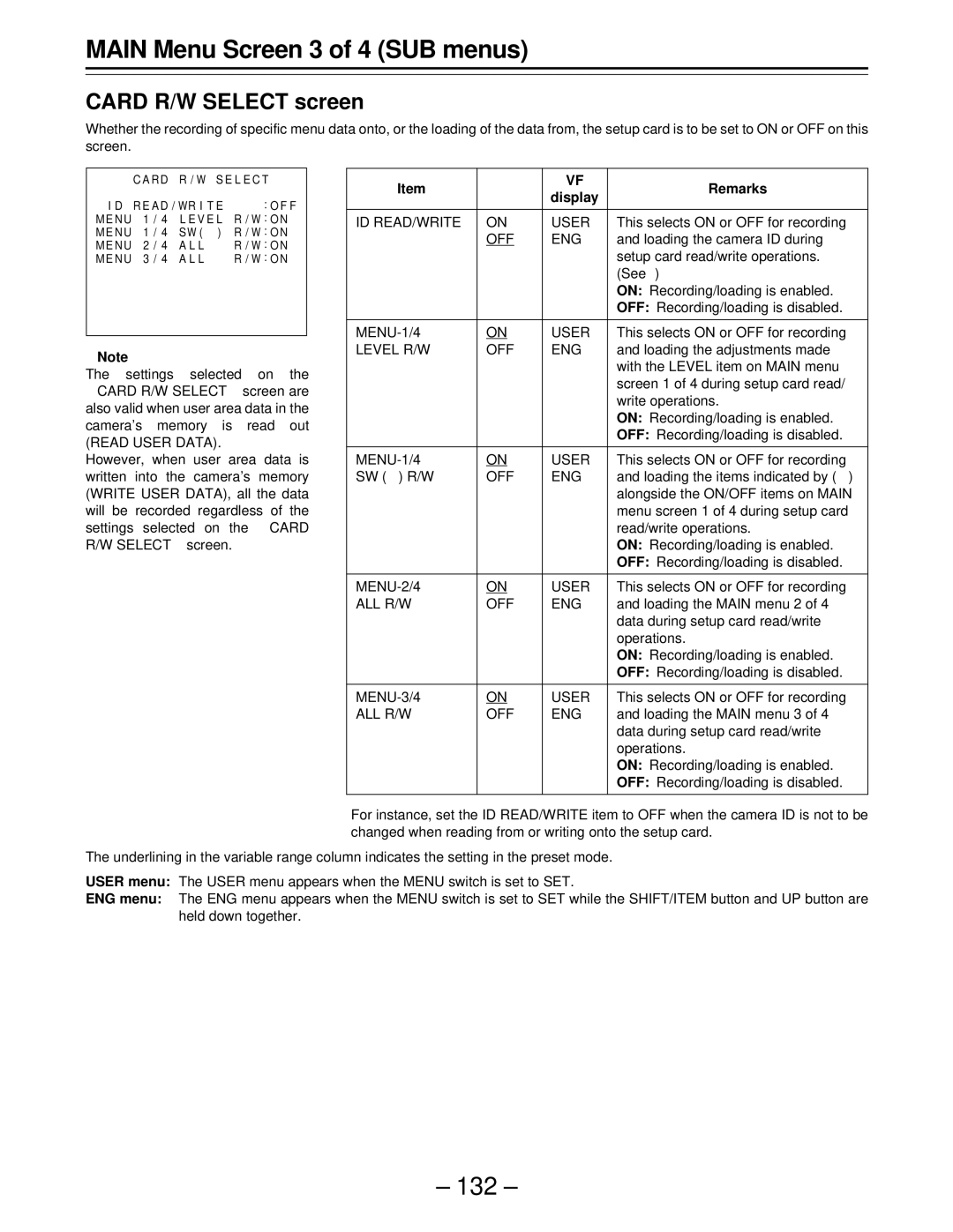 Panasonic AJ-D610WBp operating instructions Card R/W Select screen, ID READ/WRITE User, Level R/W OFF ENG, All R/W Off Eng 