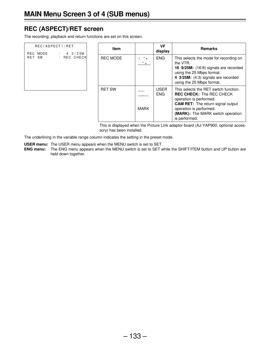 Panasonic AJ-D610WBp operating instructions REC ASPECT/RET screen, REC Mode, RET SW REC User, Markf 