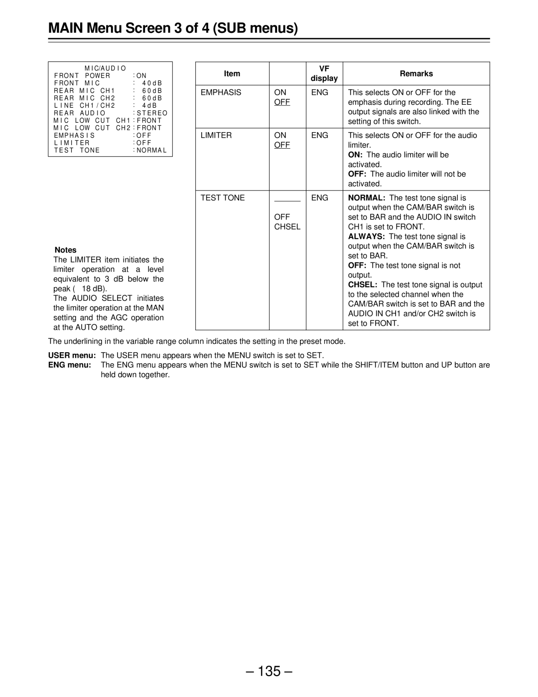 Panasonic AJ-D610WBp operating instructions Emphasis ENG, Limiter ENG, Test Tone, Chsel 