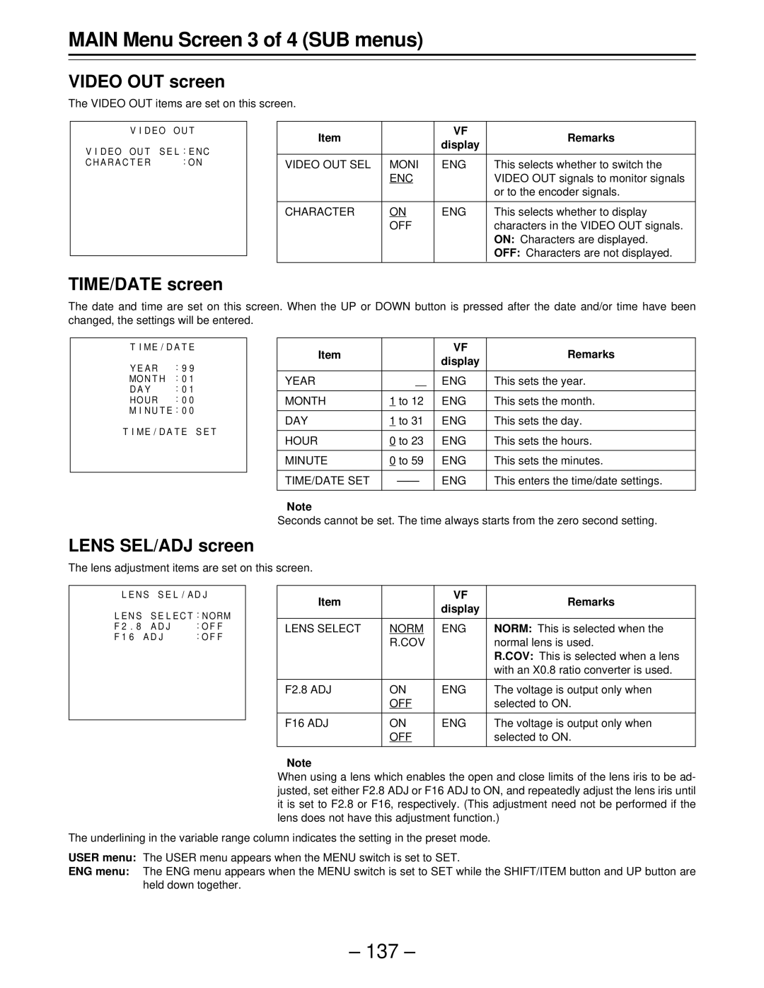 Panasonic AJ-D610WBp operating instructions Video OUT screen, TIME/DATE screen, Lens SEL/ADJ screen 