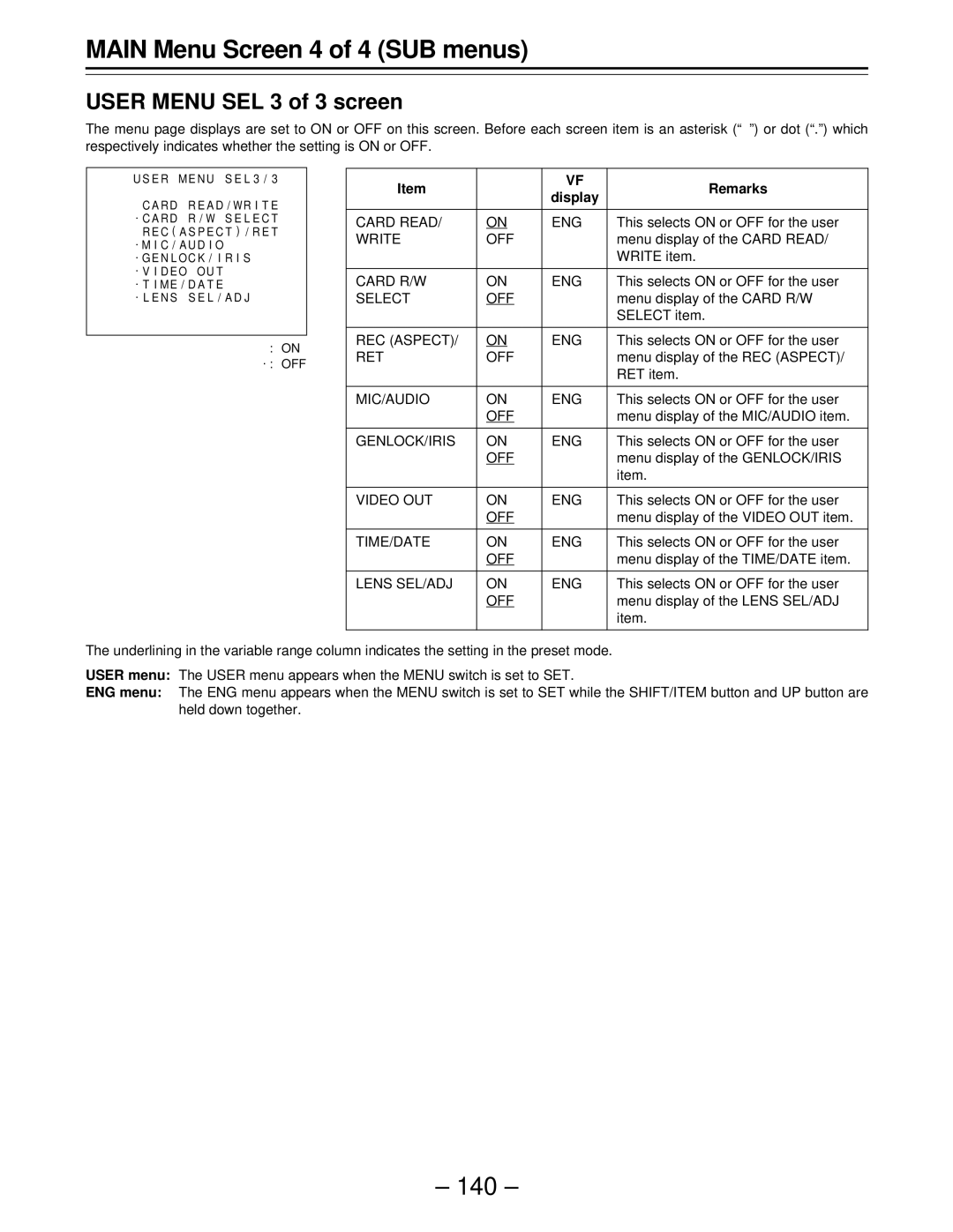 Panasonic AJ-D610WBp operating instructions User Menu SEL 3 of 3 screen 