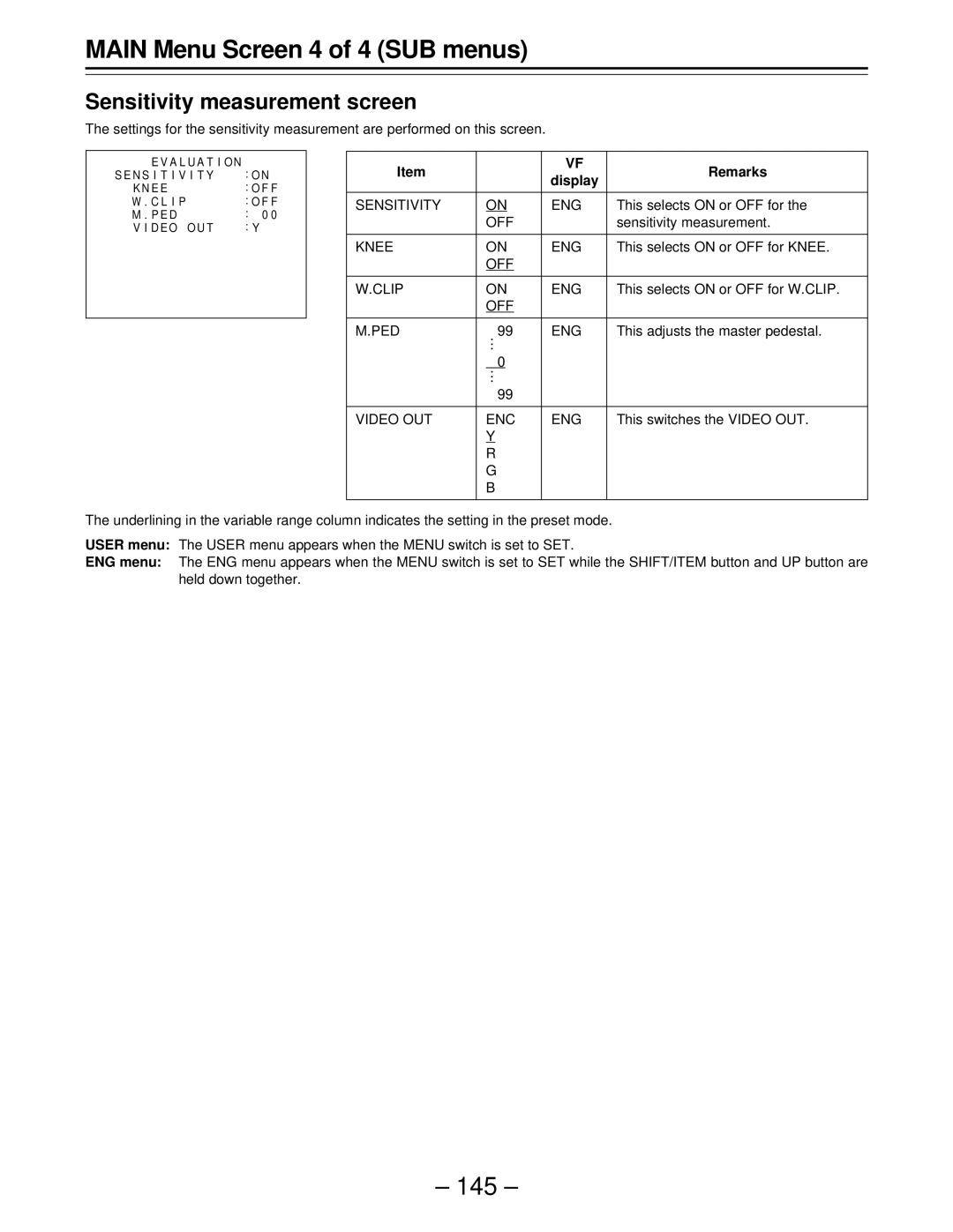 Panasonic AJ-D610WBp operating instructions Sensitivity measurement screen, This selects on or OFF for Knee, OFF Clip ENG 