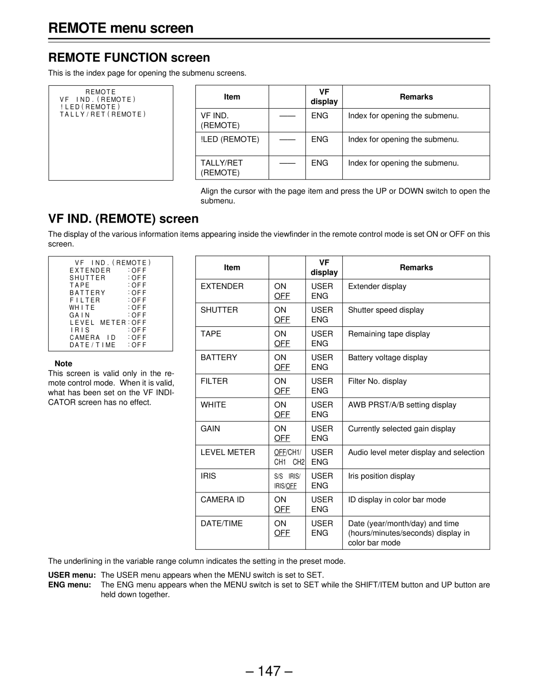 Panasonic AJ-D610WBp operating instructions Remote menu screen, Remote Function screen, VF IND. Remote screen 