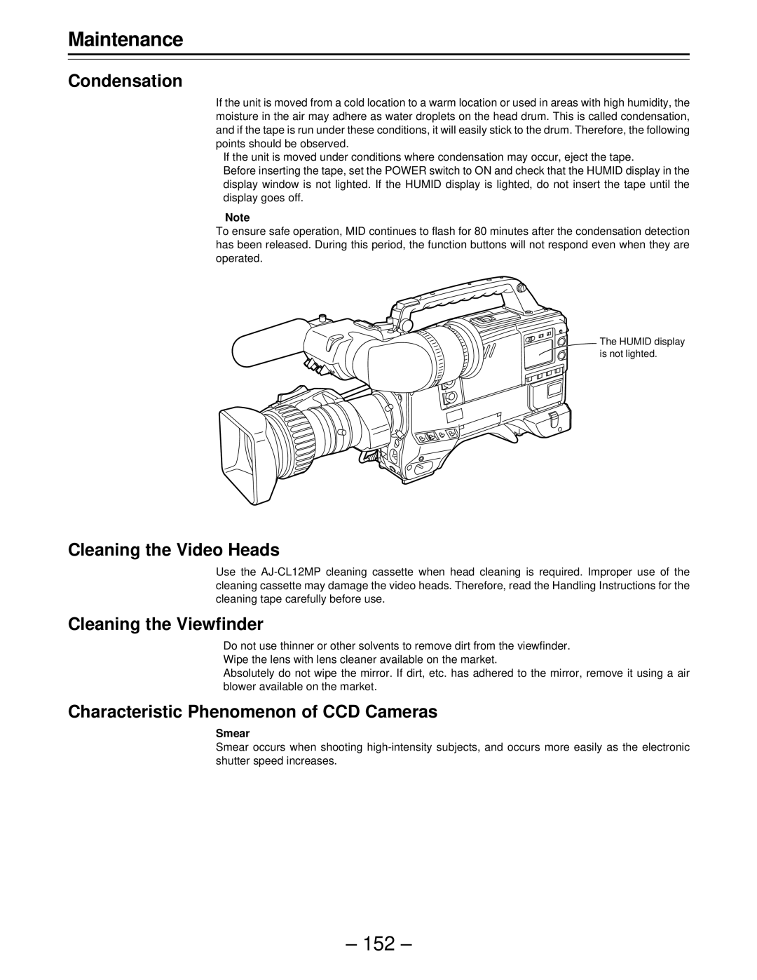 Panasonic AJ-D610WBp operating instructions Maintenance, Condensation, Cleaning the Video Heads, Cleaning the Viewfinder 