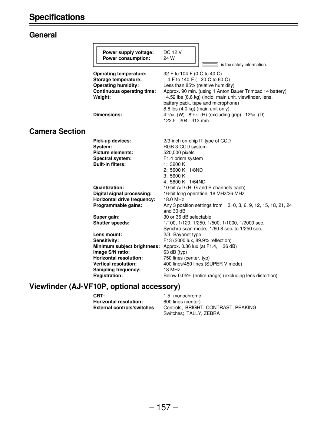 Panasonic AJ-D610WBp Specifications, General, Camera Section, Viewfinder AJ-VF10P, optional accessory 