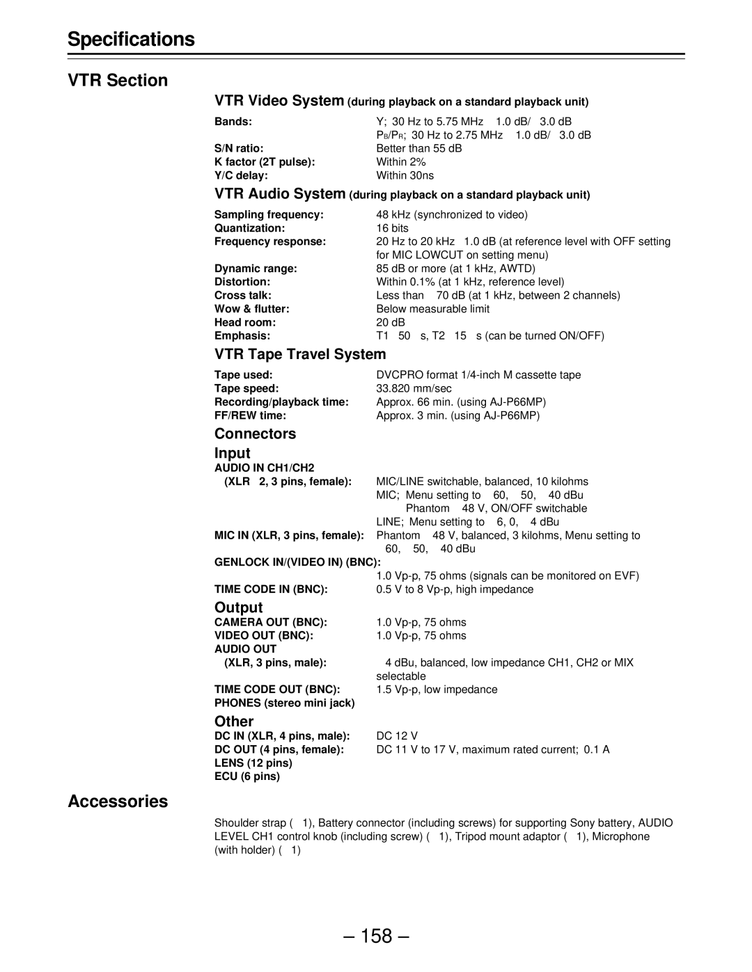 Panasonic AJ-D610WBp operating instructions VTR Section, Accessories 