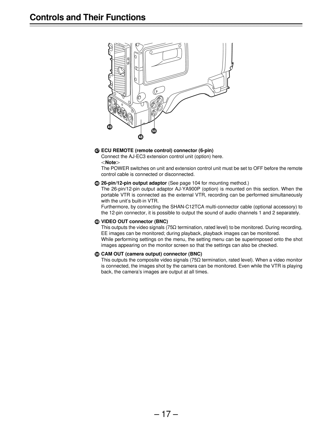 Panasonic AJ-D610WBp operating instructions Video OUT connector BNC, ¶ CAM OUT camera output connector BNC 