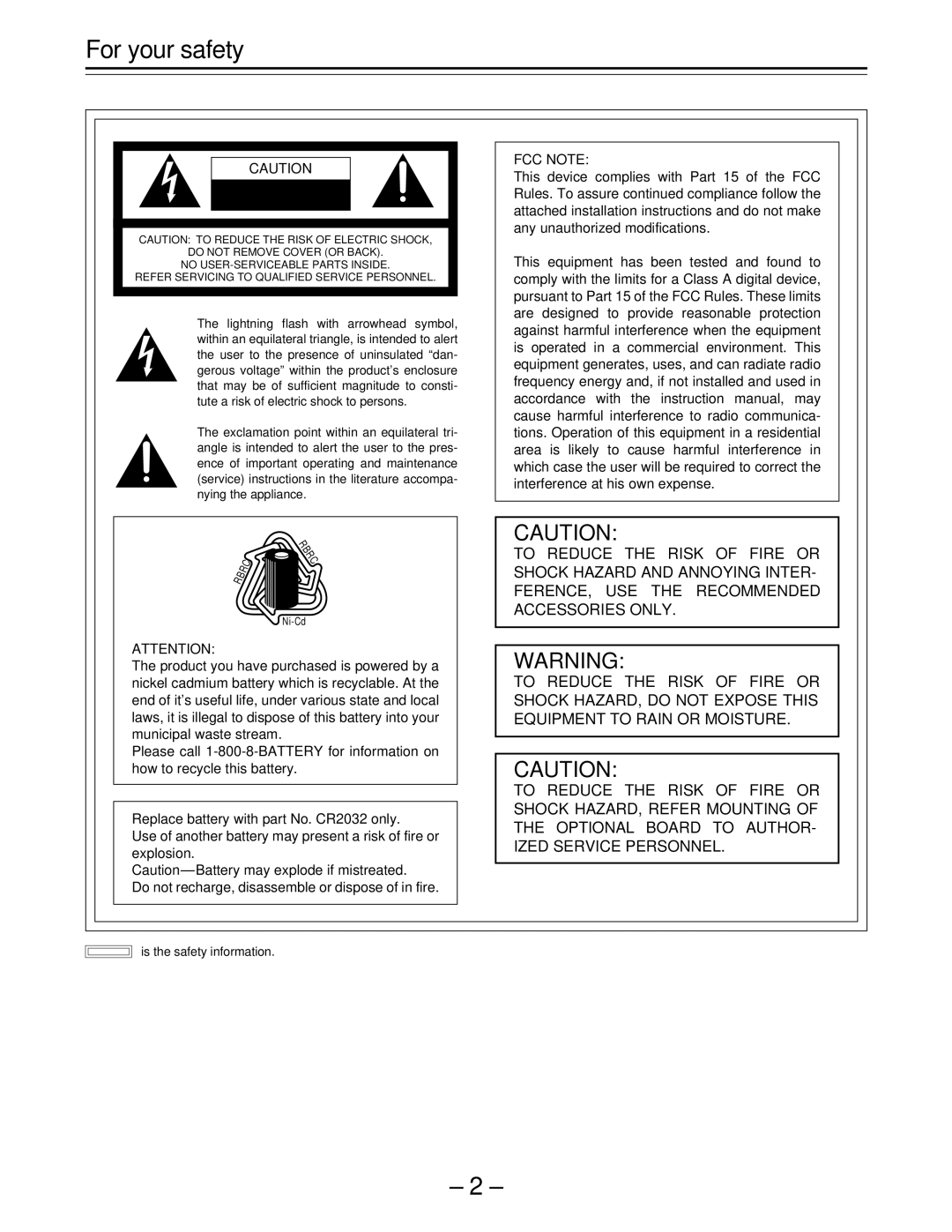 Panasonic AJ-D610WBp operating instructions For your safety, Risk of Electric Shock Do not Open 