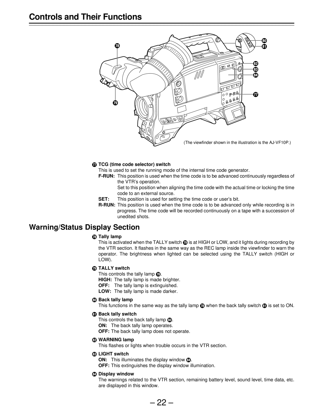 Panasonic AJ-D610WBp TCG time code selector switch, Tally lamp, Tally switch, Back tally lamp, Back tally switch 