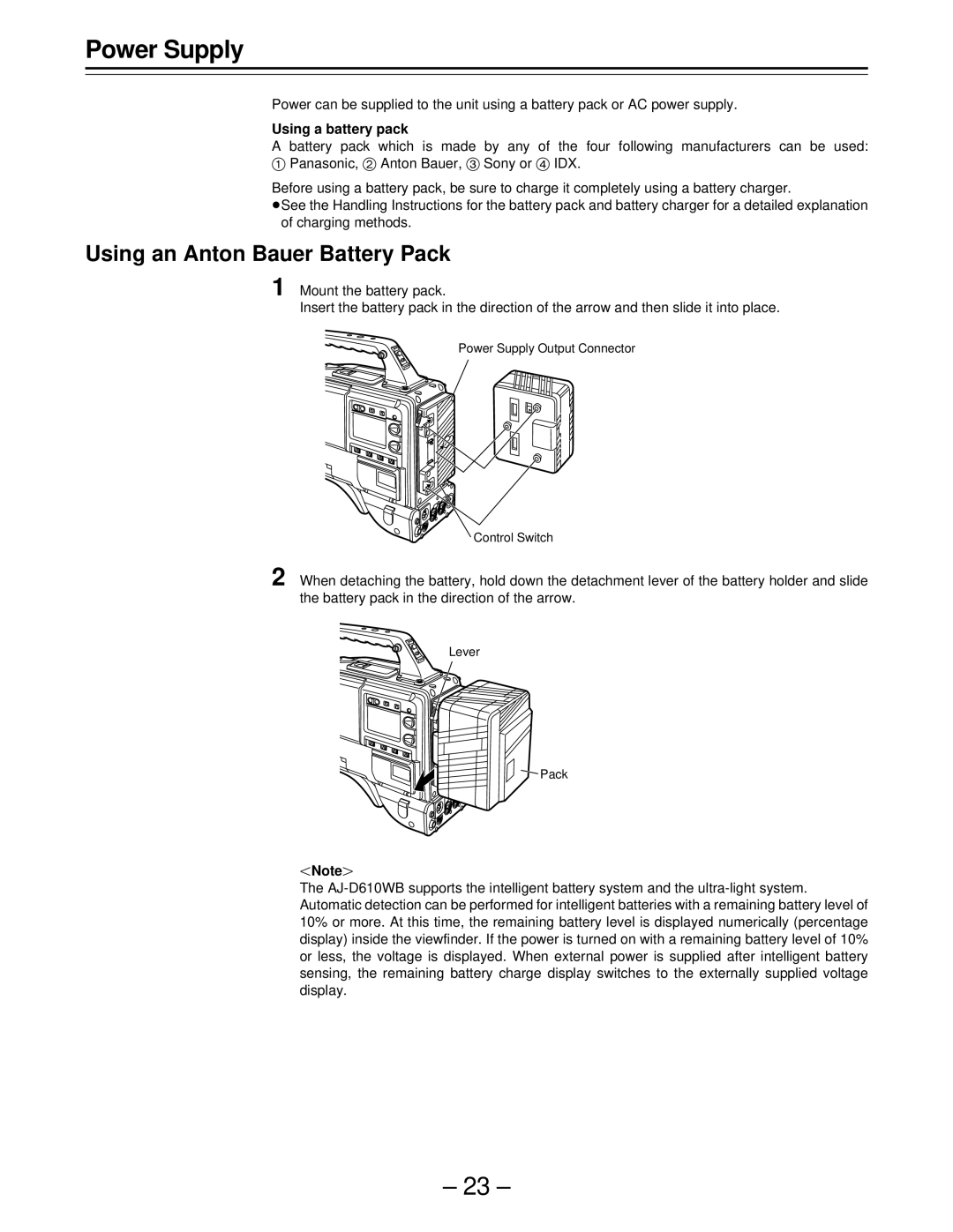 Panasonic AJ-D610WBp operating instructions Power Supply, Using an Anton Bauer Battery Pack, Using a battery pack 