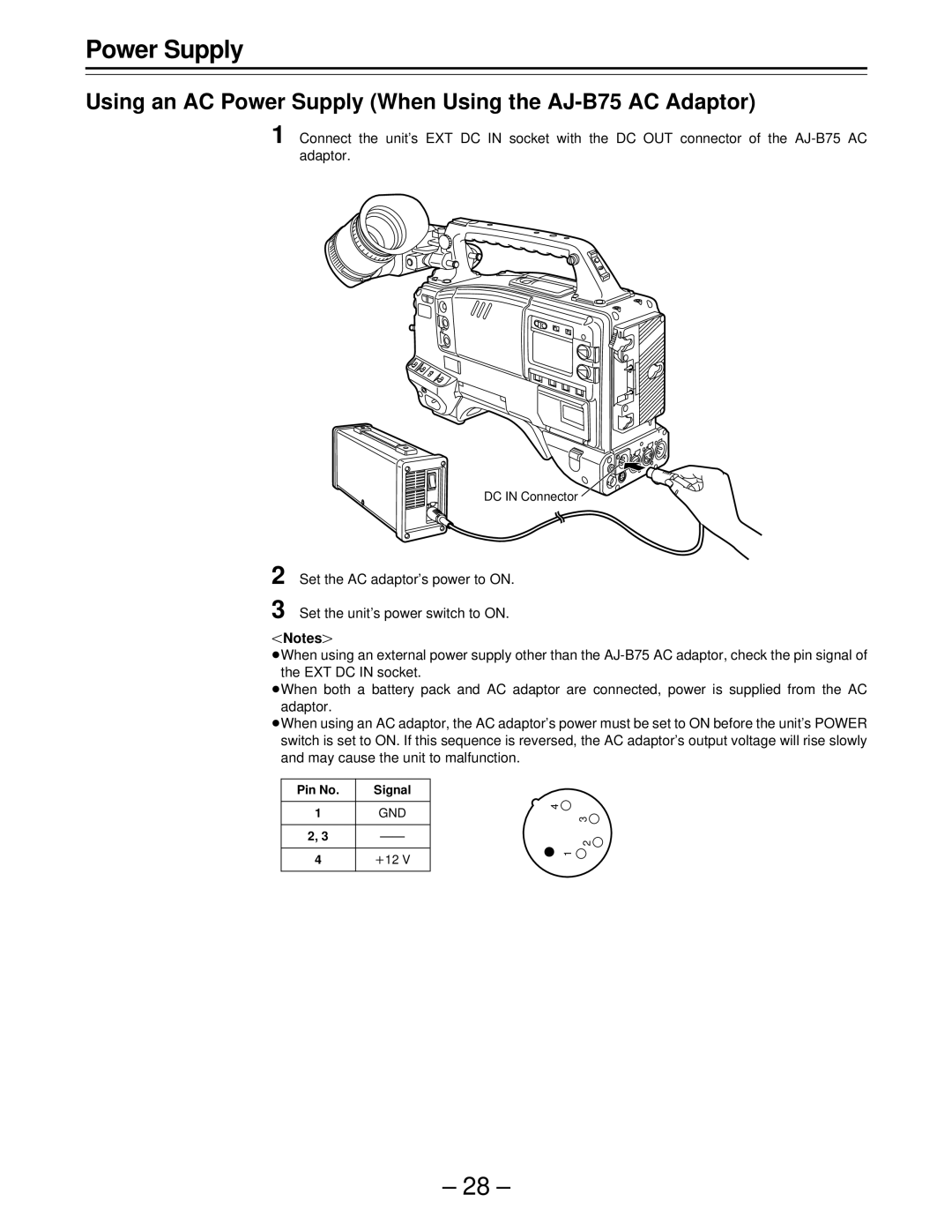 Panasonic AJ-D610WBp operating instructions Using an AC Power Supply When Using the AJ-B75 AC Adaptor 