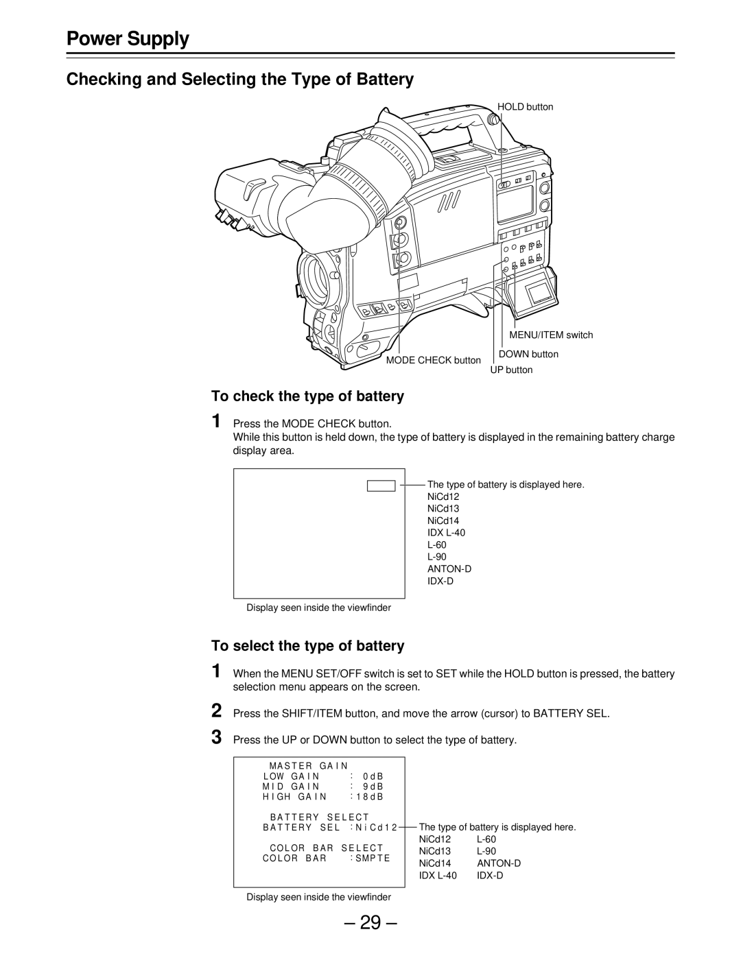 Panasonic AJ-D610WBp operating instructions Checking and Selecting the Type of Battery, To check the type of battery 