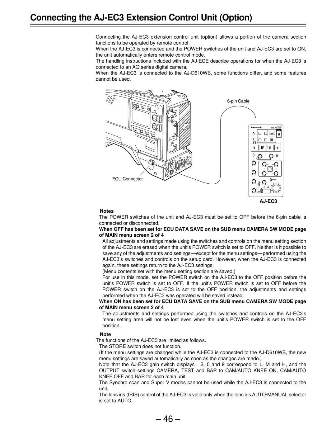 Panasonic AJ-D610WBp operating instructions Connecting the AJ-EC3 Extension Control Unit Option 