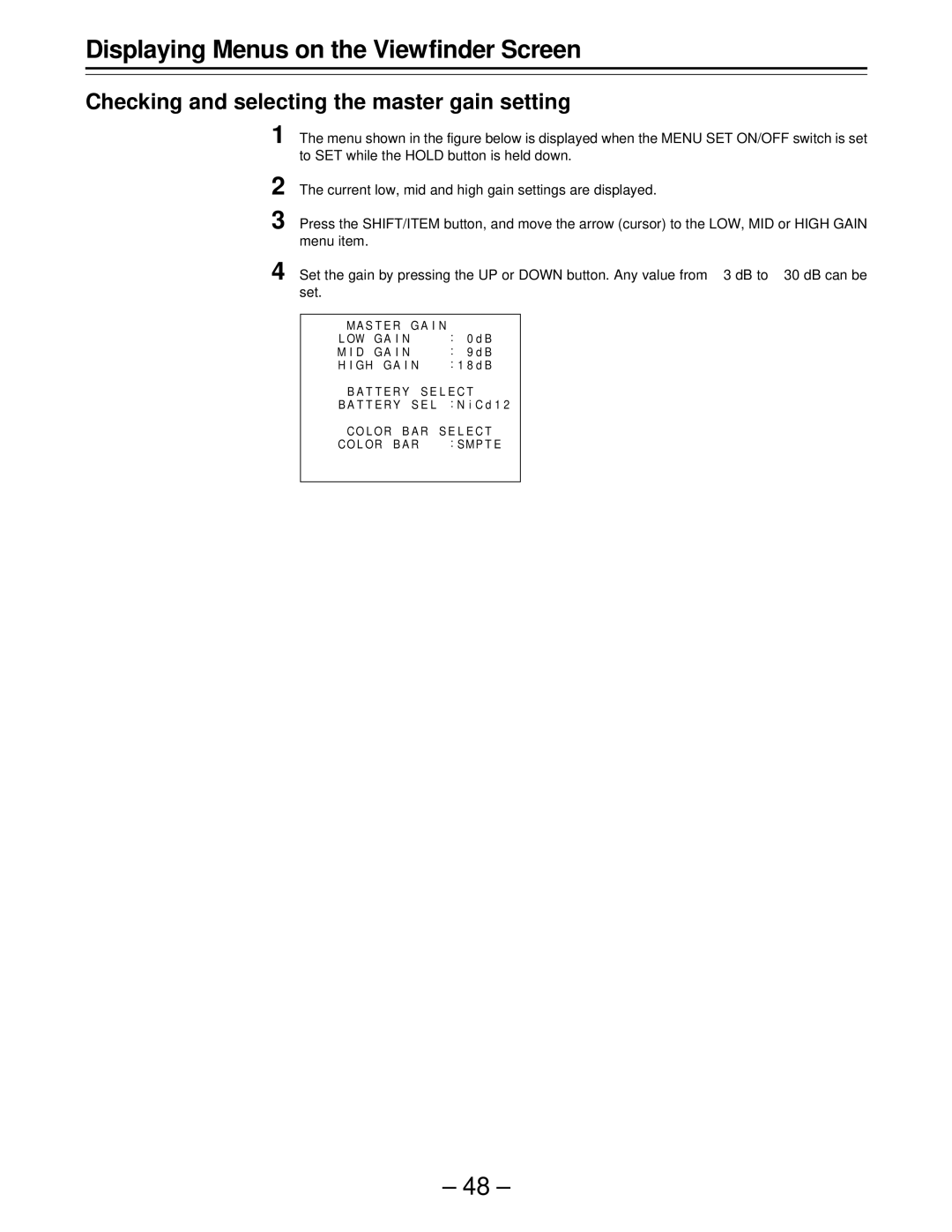 Panasonic AJ-D610WBp operating instructions Checking and selecting the master gain setting 