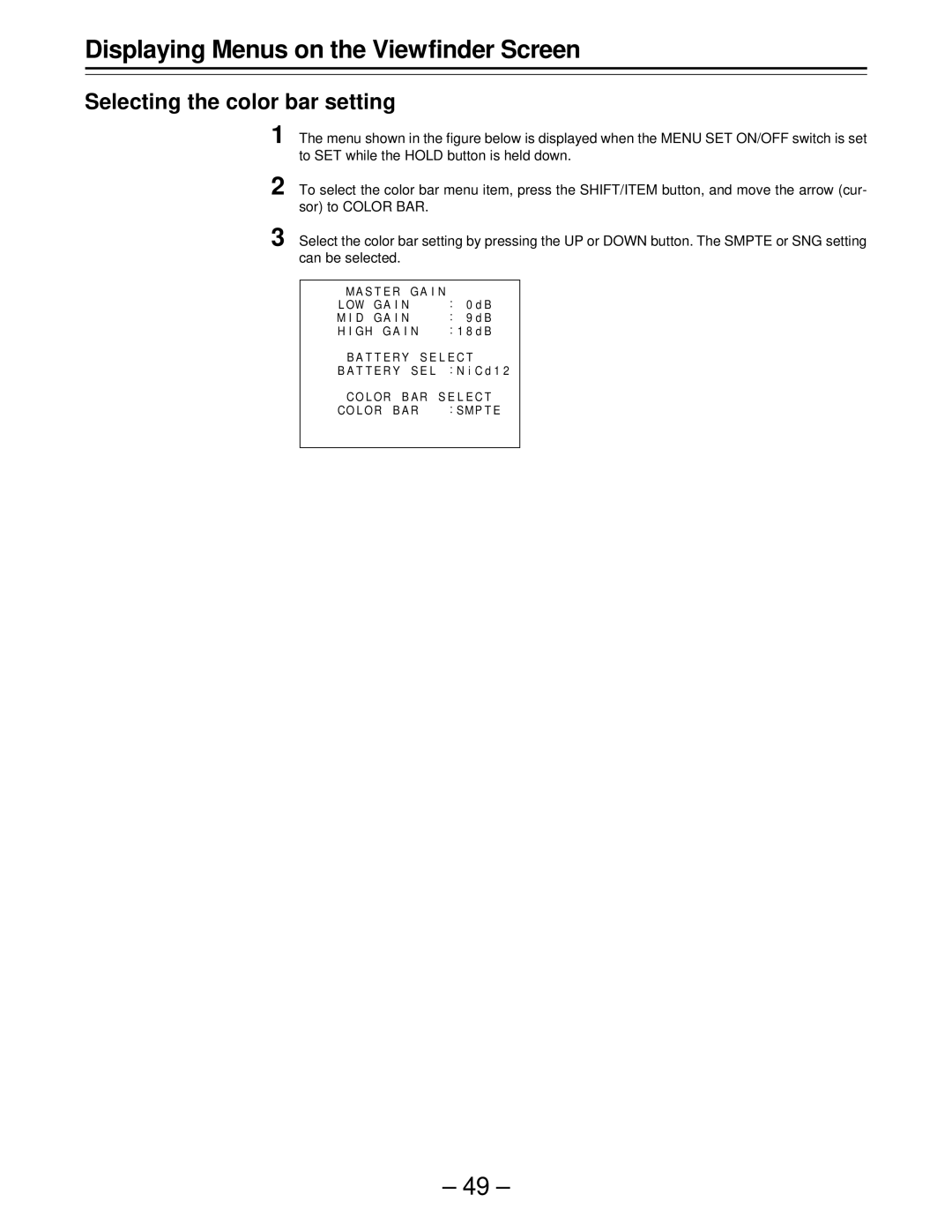 Panasonic AJ-D610WBp operating instructions Selecting the color bar setting 