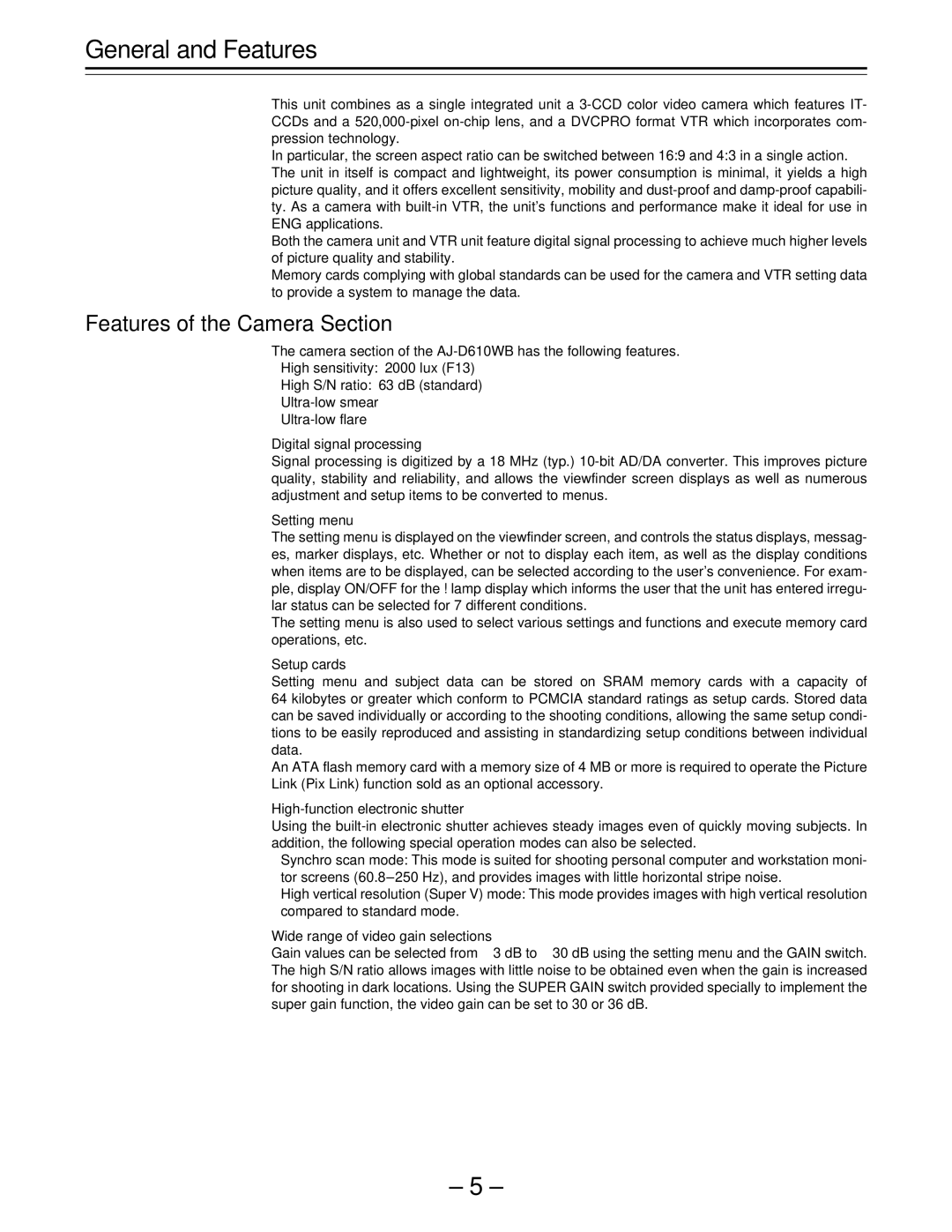 Panasonic AJ-D610WBp operating instructions General and Features, Features of the Camera Section 