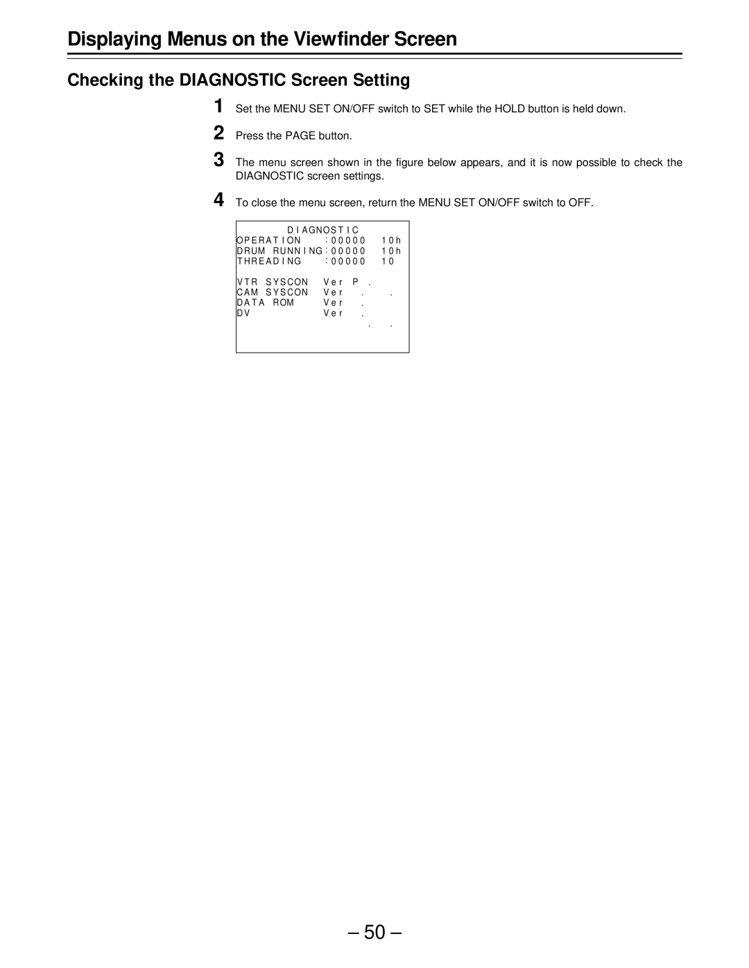 Panasonic AJ-D610WBp operating instructions Checking the Diagnostic Screen Setting 