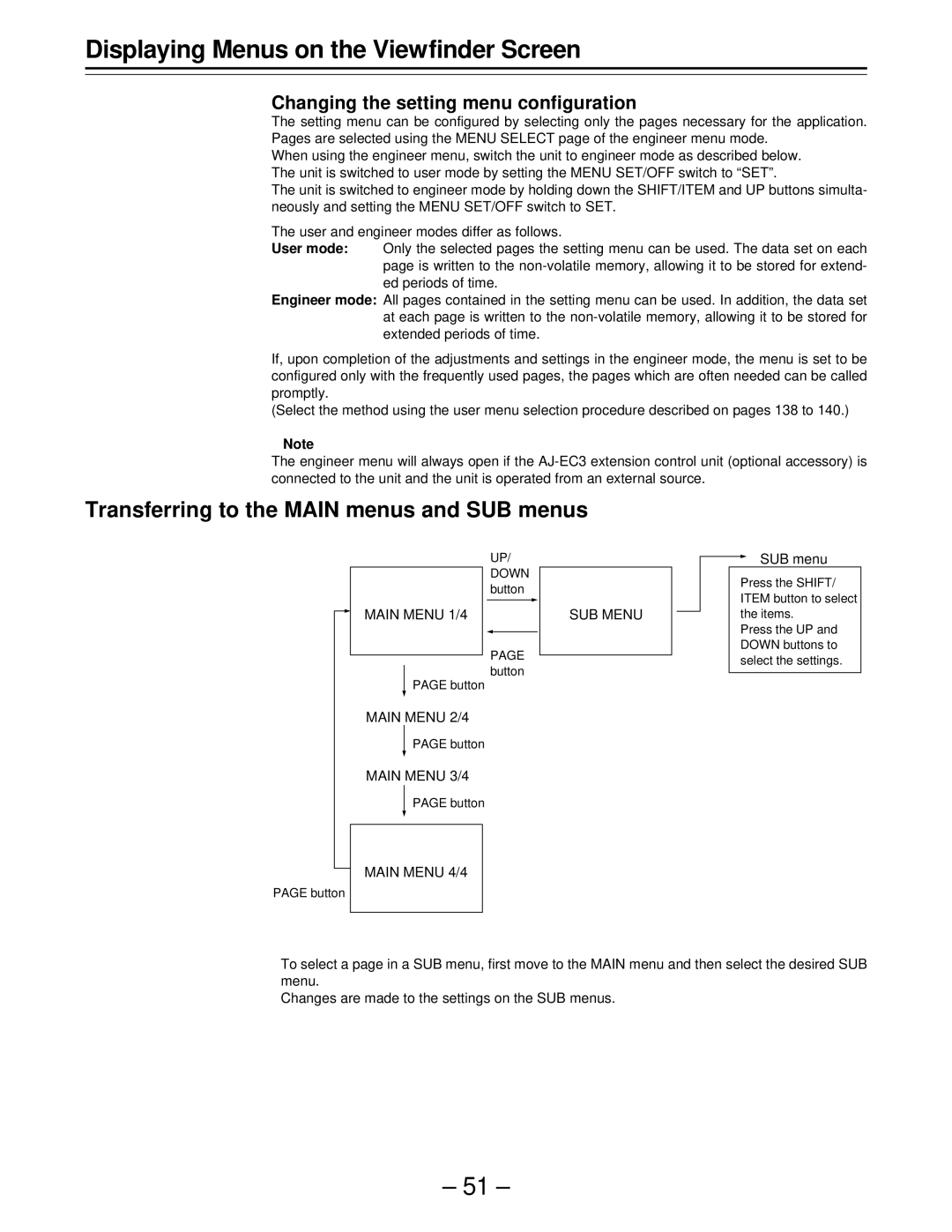 Panasonic AJ-D610WBp Transferring to the Main menus and SUB menus, Changing the setting menu configuration 