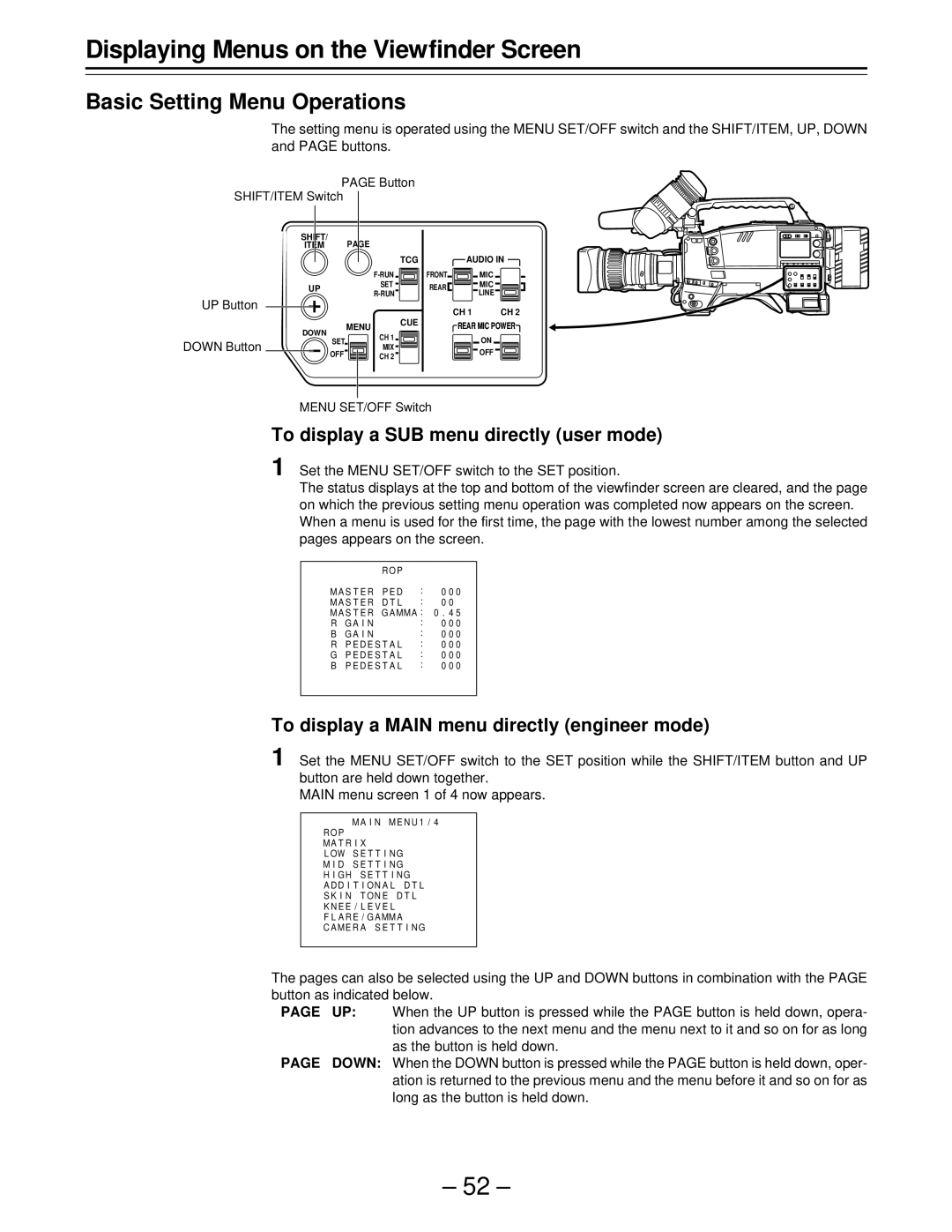 Panasonic AJ-D610WBp operating instructions Basic Setting Menu Operations, To display a SUB menu directly user mode 