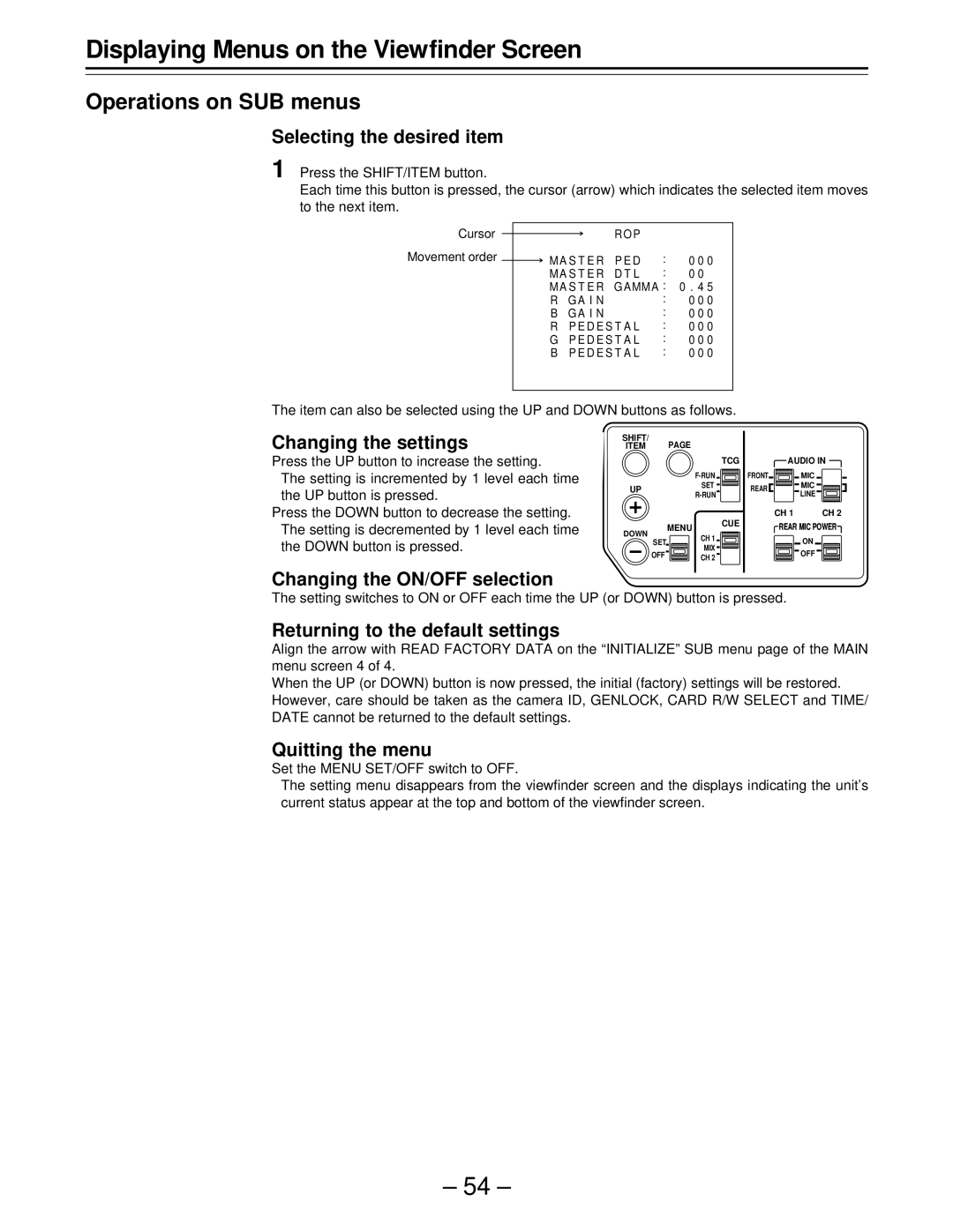 Panasonic AJ-D610WBp operating instructions Operations on SUB menus 