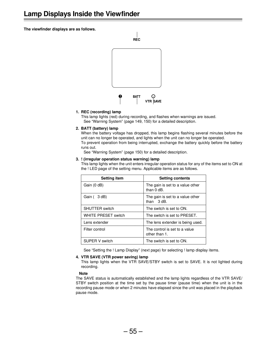 Panasonic AJ-D610WBp operating instructions Lamp Displays Inside the Viewfinder 