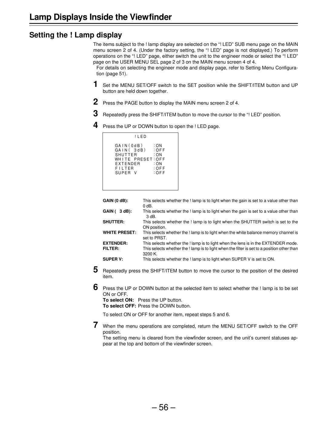 Panasonic AJ-D610WBp operating instructions Setting the ! Lamp display 