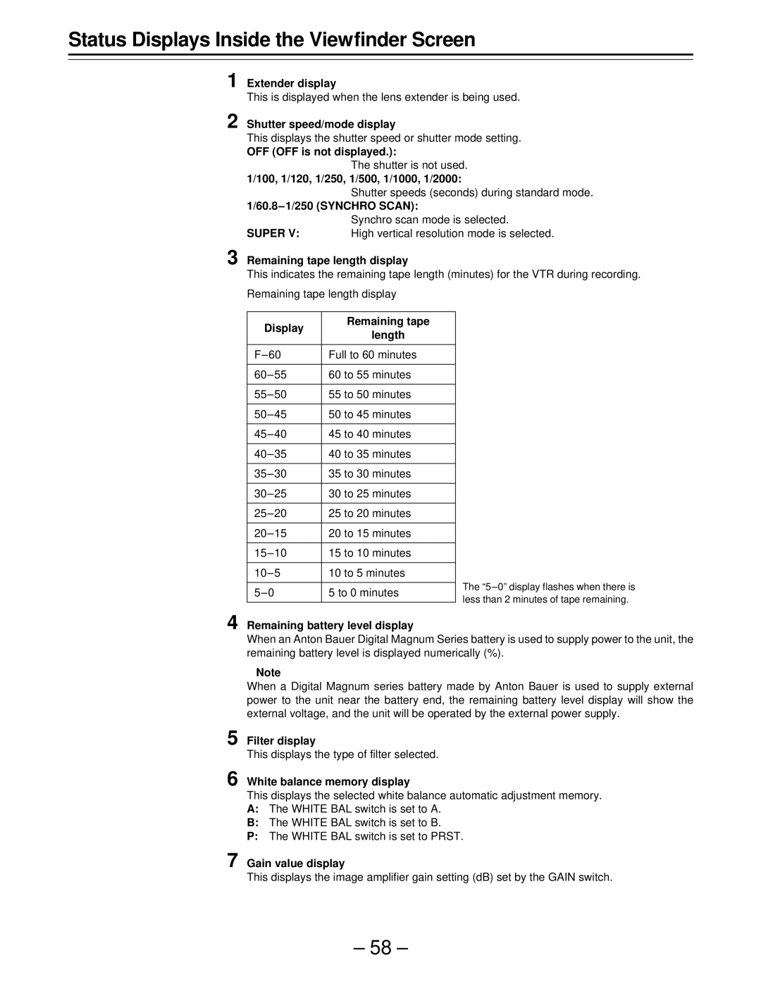 Panasonic AJ-D610WBp Extender display, Shutter speed/mode display, OFF OFF is not displayed, 60.8-1/250 Synchro Scan 