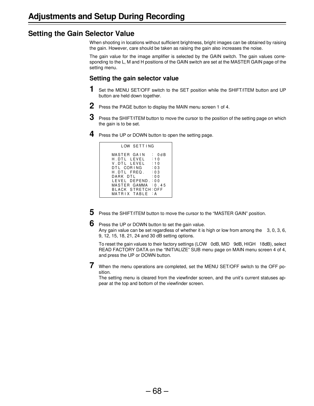 Panasonic AJ-D610WBp operating instructions Setting the Gain Selector Value, Setting the gain selector value 