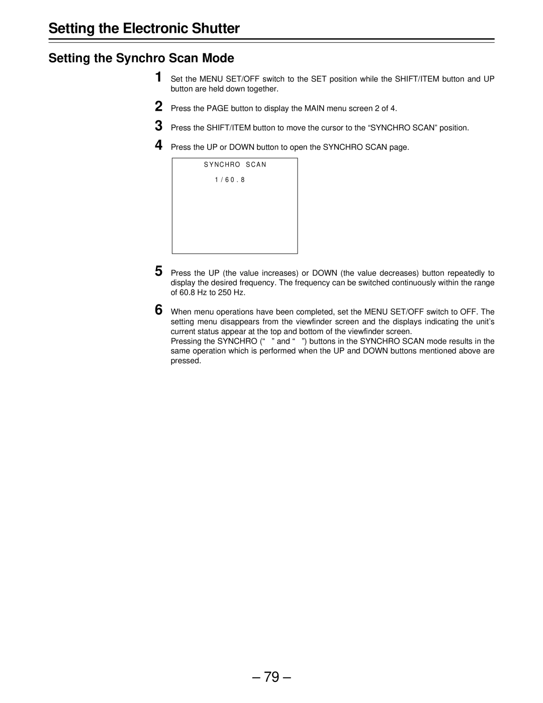 Panasonic AJ-D610WBp operating instructions Setting the Synchro Scan Mode 