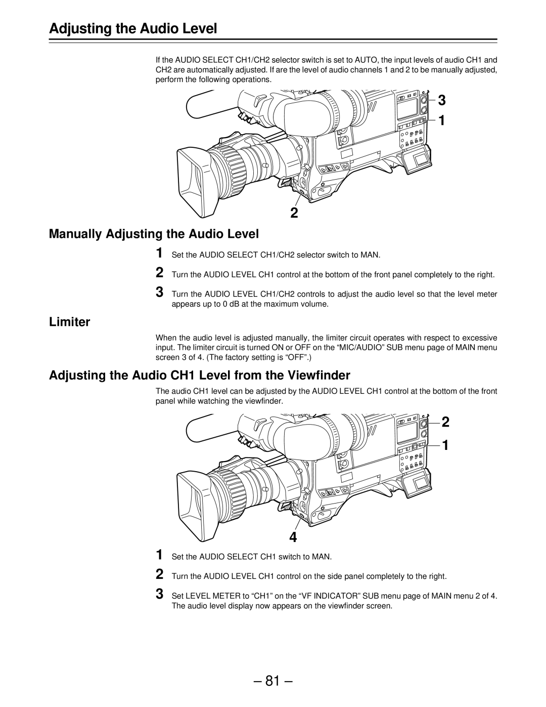 Panasonic AJ-D610WBp Manually Adjusting the Audio Level, Limiter, Adjusting the Audio CH1 Level from the Viewfinder 