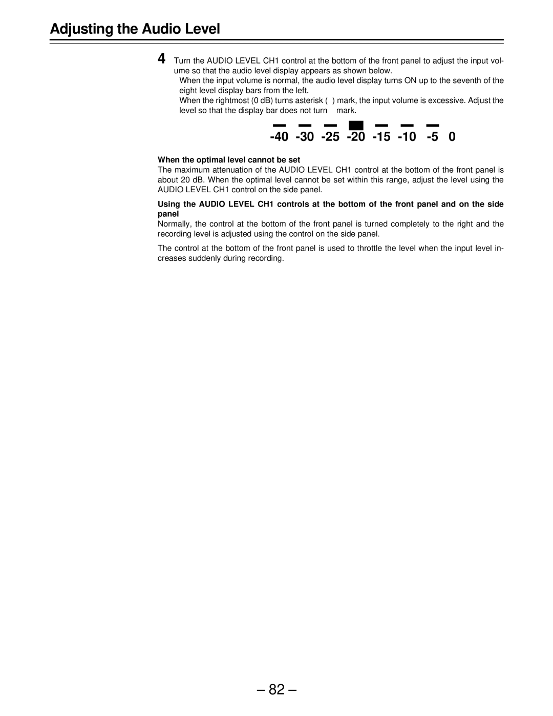 Panasonic AJ-D610WBp operating instructions 40 -30 -25 -20 -15 -10 -5 E0, When the optimal level cannot be set 