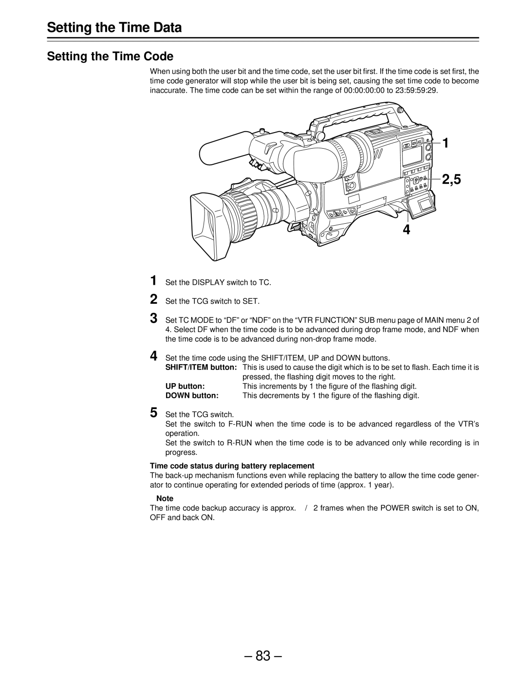 Panasonic AJ-D610WBp Setting the Time Data, Setting the Time Code, Time code status during battery replacement 