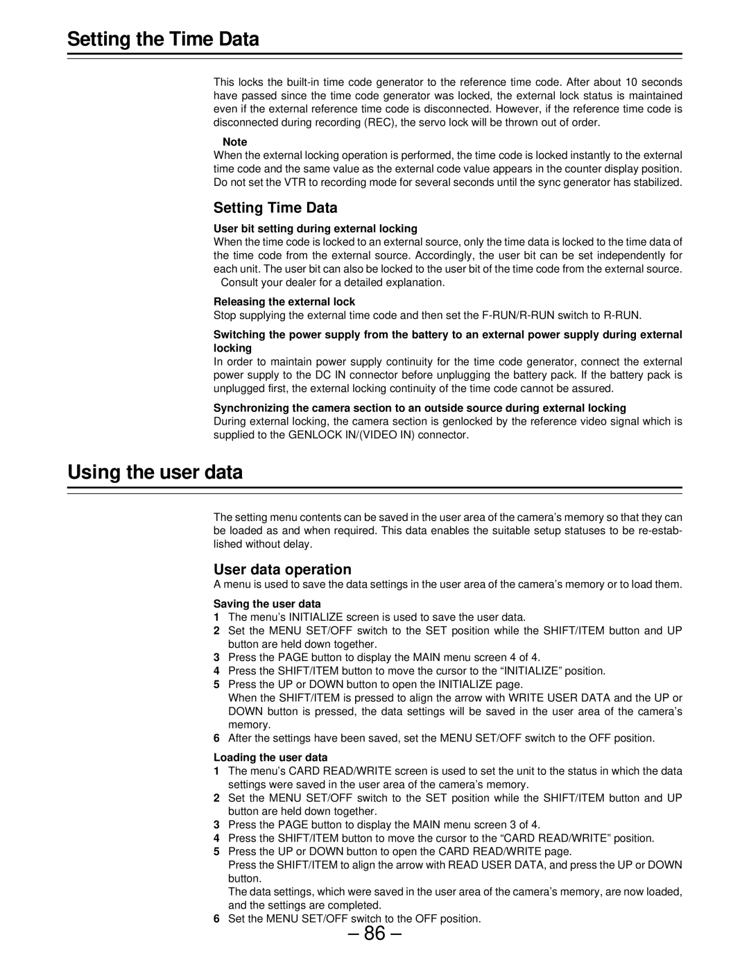 Panasonic AJ-D610WBp operating instructions Using the user data, Setting Time Data, User data operation 