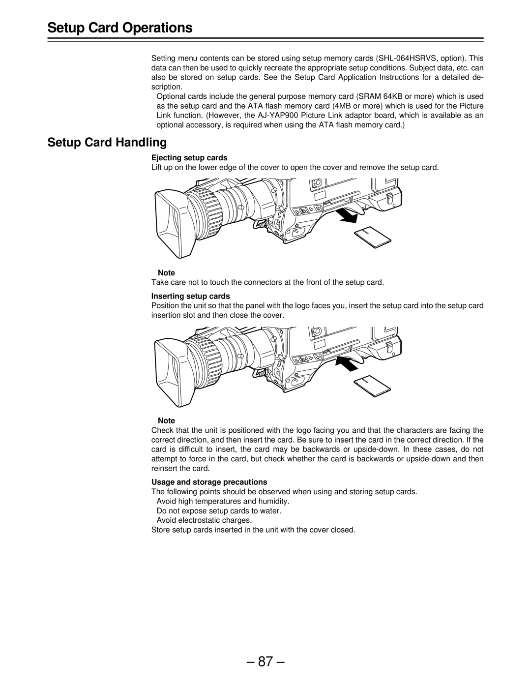 Panasonic AJ-D610WBp Setup Card Operations, Setup Card Handling, Ejecting setup cards, Inserting setup cards 