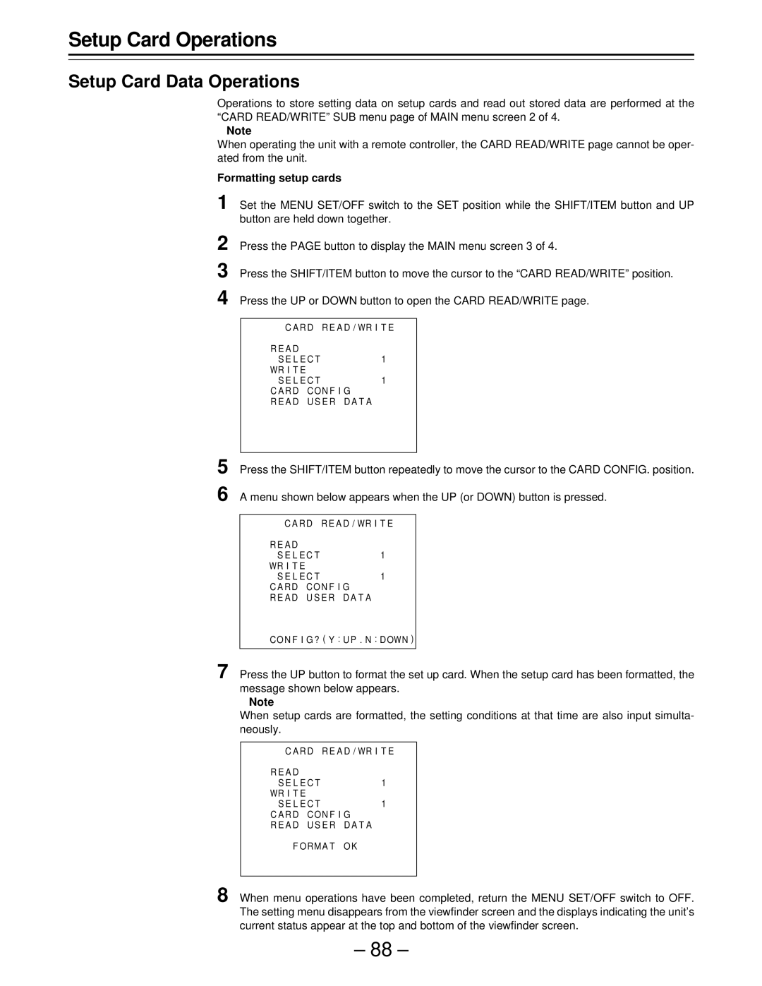 Panasonic AJ-D610WBp operating instructions Setup Card Data Operations, Formatting setup cards 