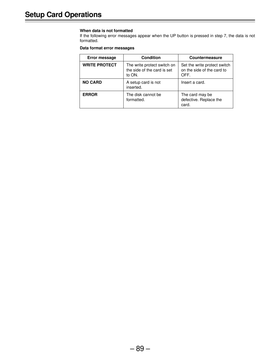 Panasonic AJ-D610WBp operating instructions When data is not formatted, Off, Setup card is not Insert a card Inserted 