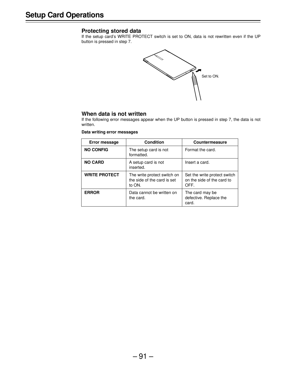 Panasonic AJ-D610WBp Protecting stored data, When data is not written, Setup card is not Format the card Formatted 