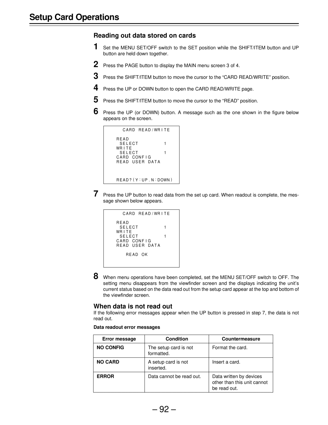 Panasonic AJ-D610WBp operating instructions Reading out data stored on cards, When data is not read out 