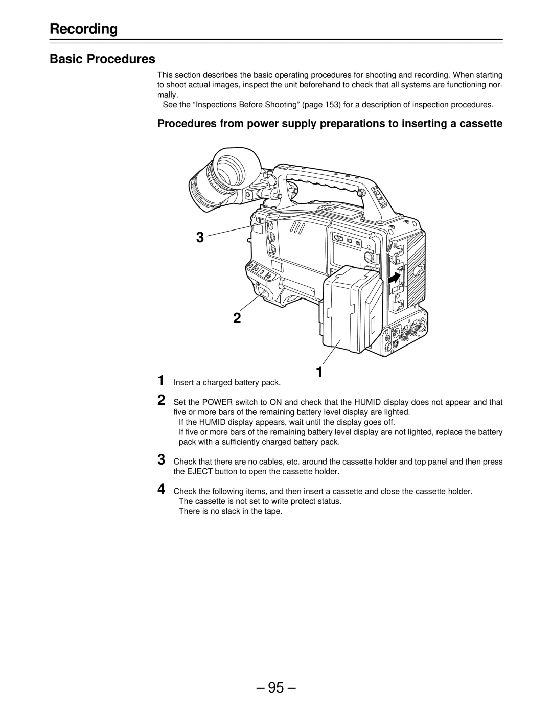 Panasonic AJ-D610WBp operating instructions Recording, Basic Procedures 