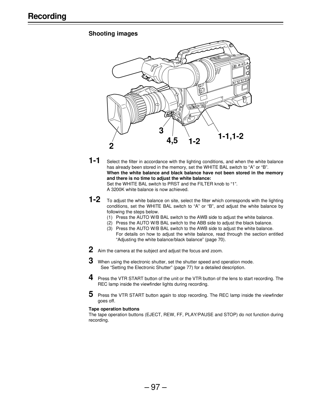 Panasonic AJ-D610WBp operating instructions 1-2, Shooting images, Tape operation buttons 