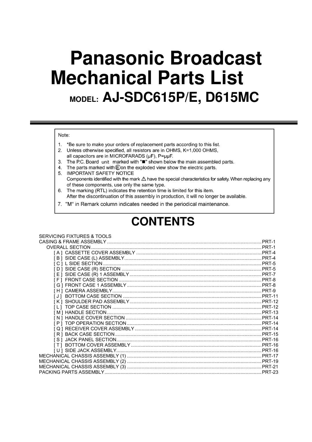 Panasonic AJ-SDC615P, AJ-D615MC, AJ-SDC615E manual Panasonic Broadcast Mechanical Parts List 