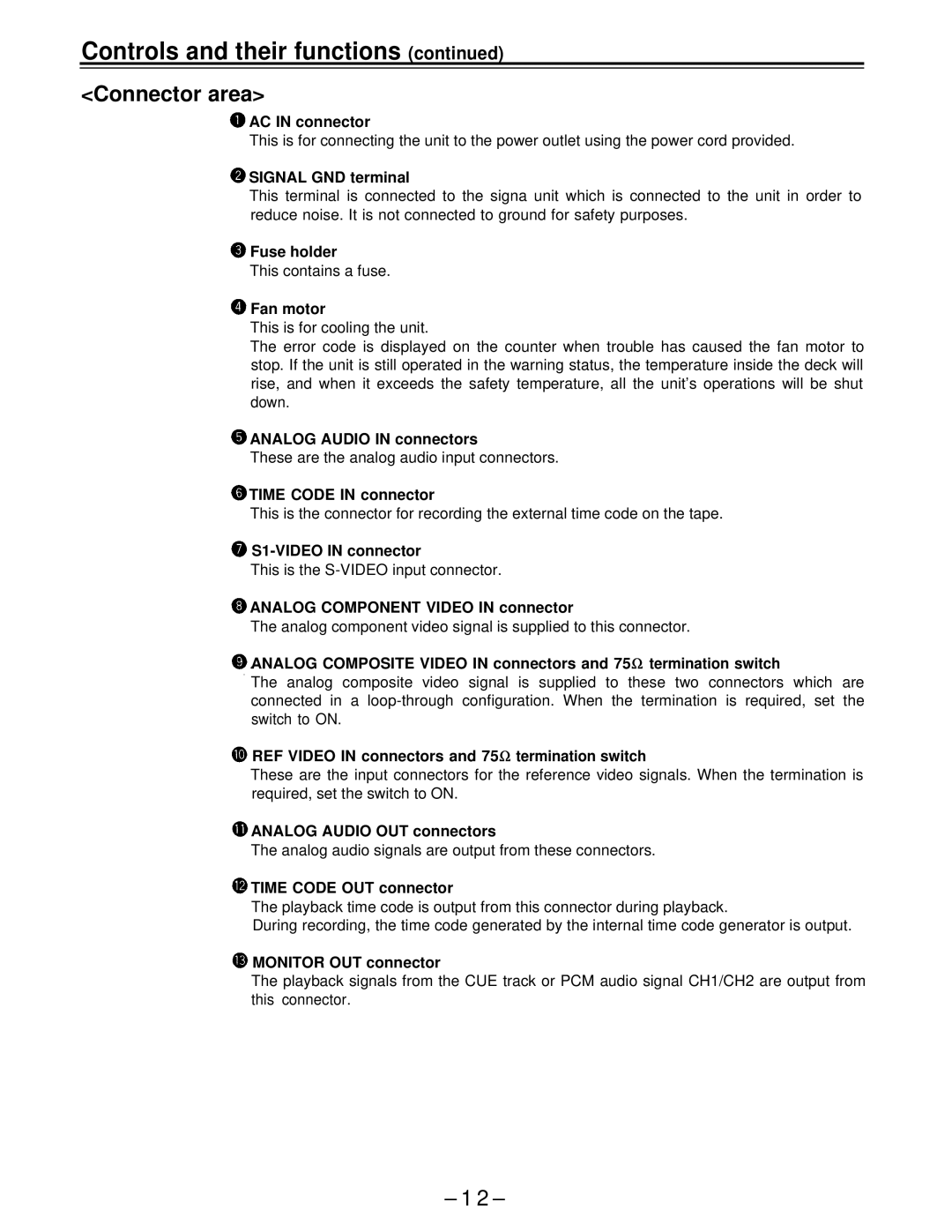 Panasonic AJ-D650 manual AC in connector, Signal GND terminal, Fuse holder, Fan motor, Analog Audio in connectors 