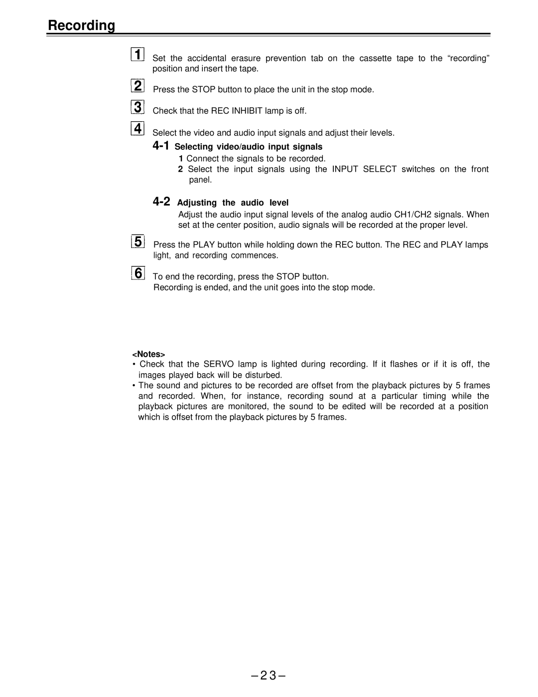 Panasonic AJ-D650 manual Recording, 1Selecting video/audio input signals, 2Adjusting the audio Ievel 