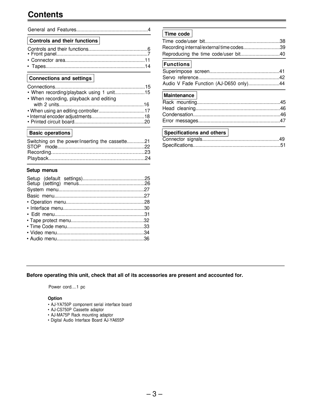 Panasonic AJ-D650 manual Contents 