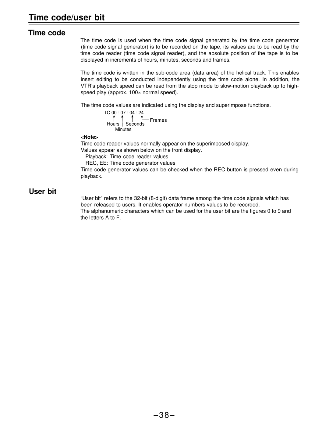 Panasonic AJ-D650 manual Time code/user bit, User bit 