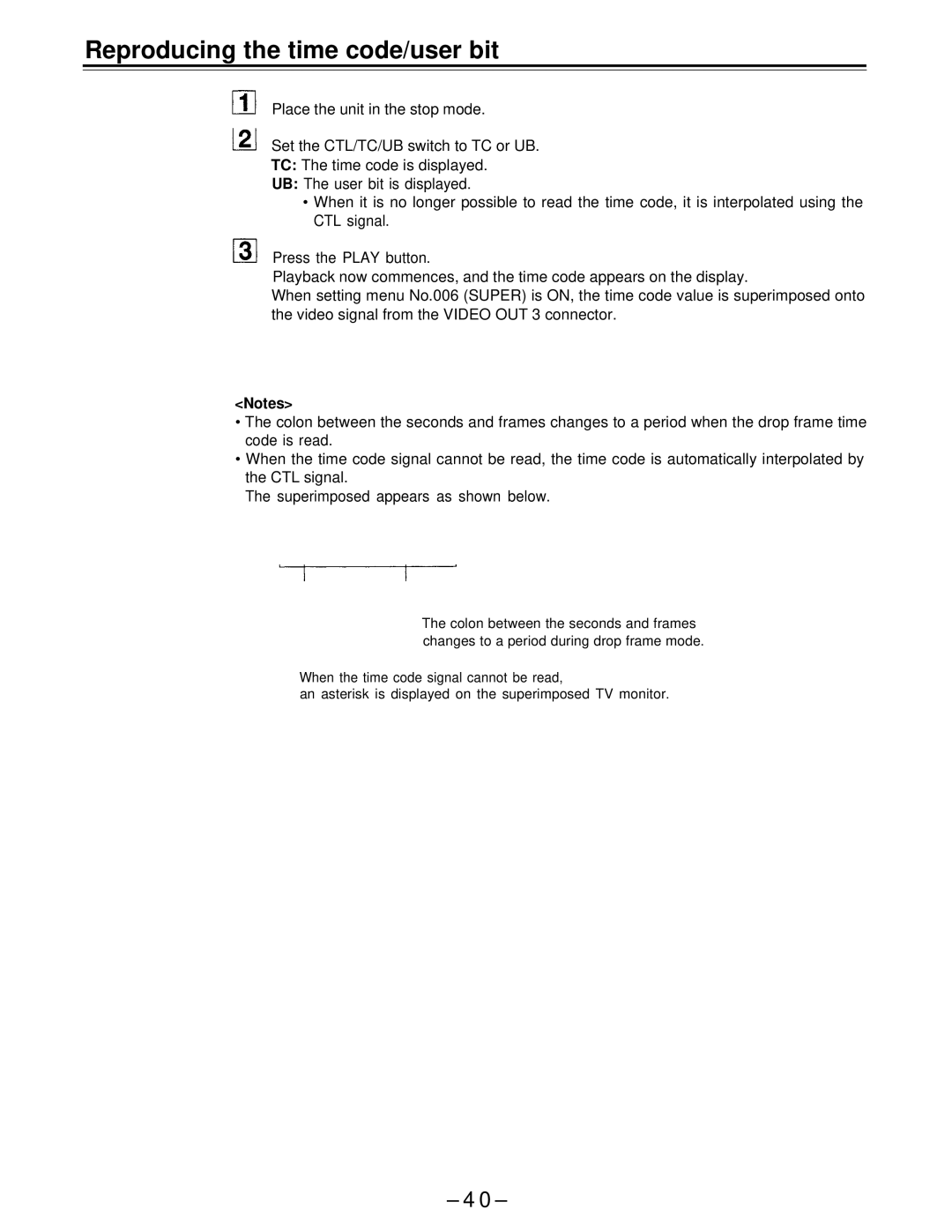 Panasonic AJ-D650 manual Reproducing the time code/user bit 