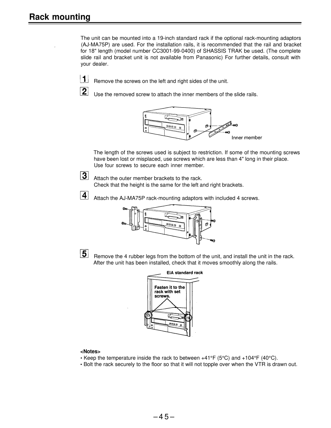 Panasonic AJ-D650 manual Rack mounting 