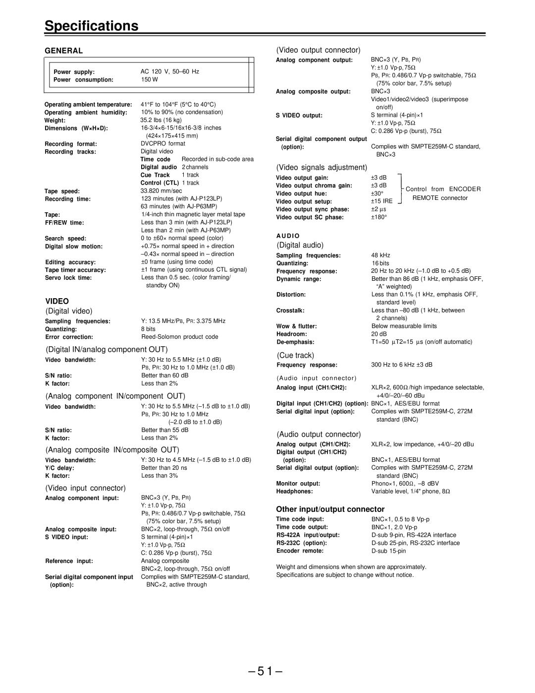 Panasonic AJ-D650 manual Specifications, Other input/output connector 