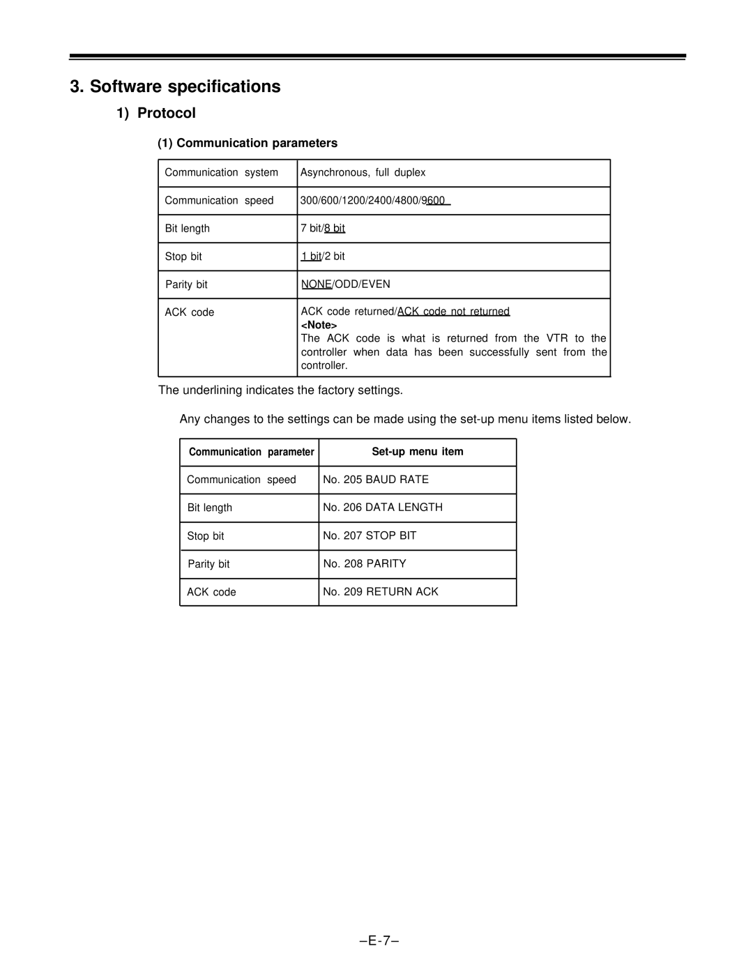 Panasonic AJ-D650 manual Software specifications, Protocol, Communication parameters, None/Odd/Even, Set-up menu item 